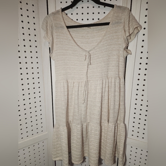 See You Monday Cream Beige Mini Dress Short Sleeve Tie Neck Large - Picture 5 of 9